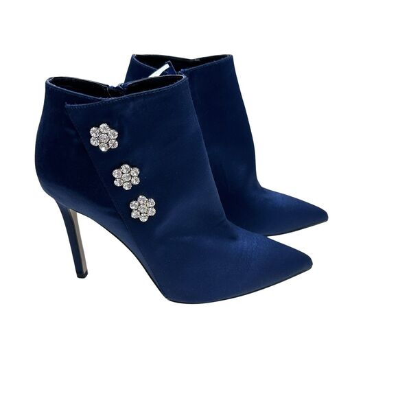 Neiman Marcus Silk Navy Pointed Toe Flower Bling Stiletto Ankle Boots Size 6.5 - Picture 1 of 12